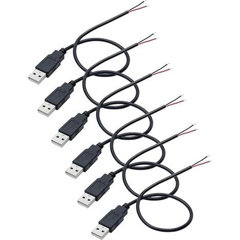 6 Pièces Queue de cochon USB 22AWG, câble USB 2.0 à 2 fils, extrémité ouverte à fil nu à 2 broches, câble USB mâle de 0,3 mètre, câble d'alimentation à prise USB 12V 3A (1/5)