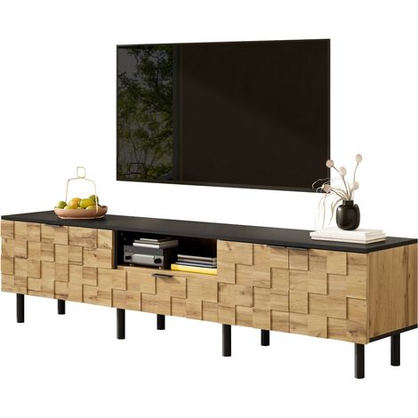 Meuble TV 170 cm Banc TV Salon avec Rangement 2 Portes 1 Tiroir Niche Ouverte Design Mosaïque Bois et Noir Pieds Métal (1/5)