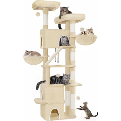 Arbre à Chat, Grande Tour à Chat pour Chats d'intérieur avec 2 Plates-Formes, 3 Condos, 6 Priffoirs, 2 Paniers, Pompons, Coussin Lavable, Beige (1/5)