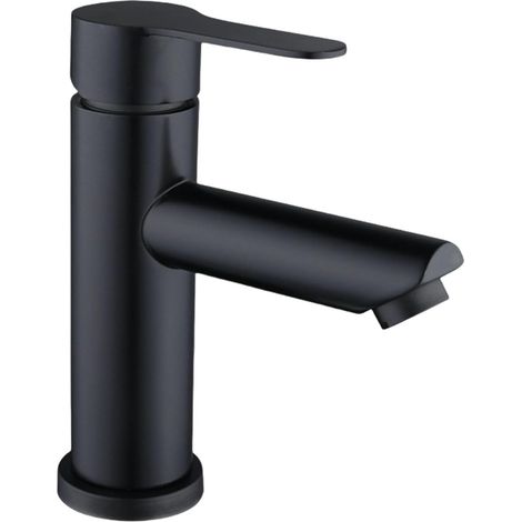 Grifo monomando de agua fría y caliente, acero inoxidable negro, caño recto, un orificio, con manguera de 60 cm. (1/5)