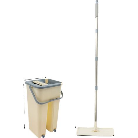 Set de balai plat, mop rotatif à 360°, seau à double compartiment, Beige (1/2)
