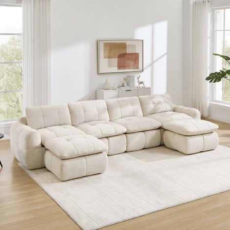 Divano modulare a U 4 posti, ciniglia, 334 x 160 x 68 cm, beige OKMYHOME (1/5)