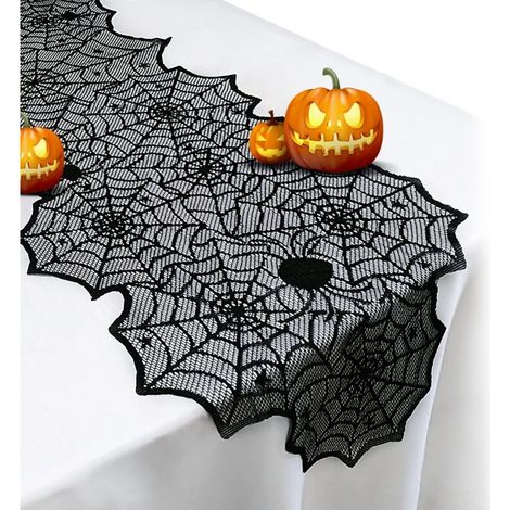 Mantel de Halloween: mantel de encaje negro con patrón de telaraña para decoraciones de Halloween, mantel de poliéster con patrón de telaraña para decoraciones de mesa de cena enmascaradas de Hallowee (1/4)