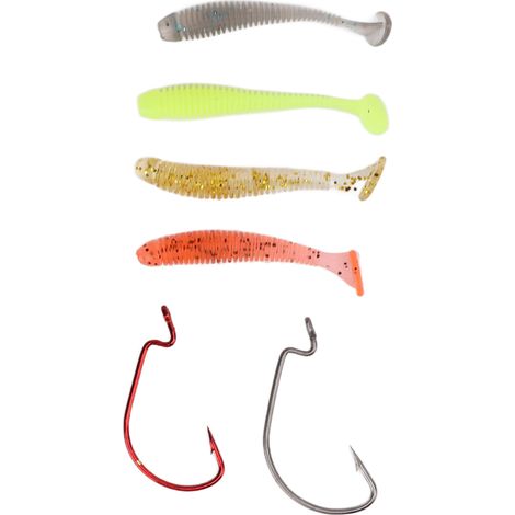 Kit de 60 leurres souples de pêche avec hameçons à manivelle en acier inoxydable, leurres artificiels en PVC à queue en T, appâts pour la pêche au bar (5 cm). (1/5)