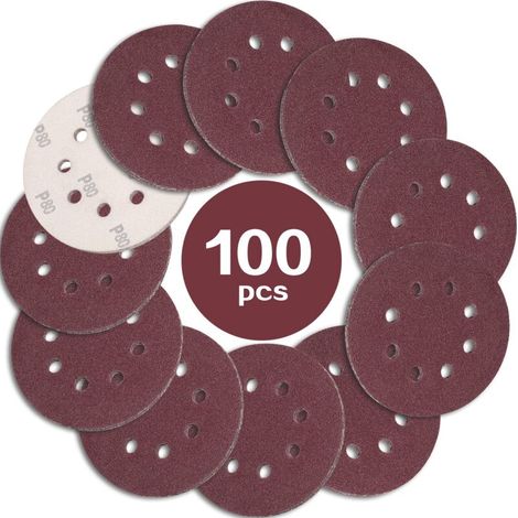 100 discos de lijado de 125 mm, grano 80, discos de lijado de papel abrasivo de 8 orificios, ideales para lijar/pulir con lijadoras orbitales aleatorias.