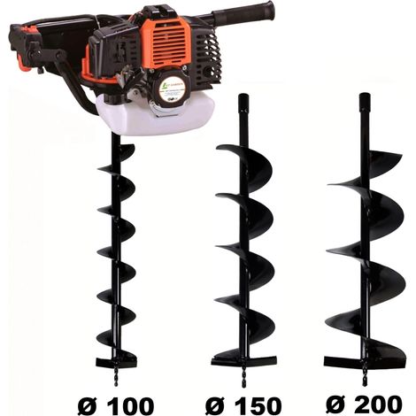 Gt Garden – Tarière thermique 52 cm3 – Moteur 2 temps 3 CV – Lot de 3 mèches Ø 100/150/200 mm – Vitesse de forage ajustable