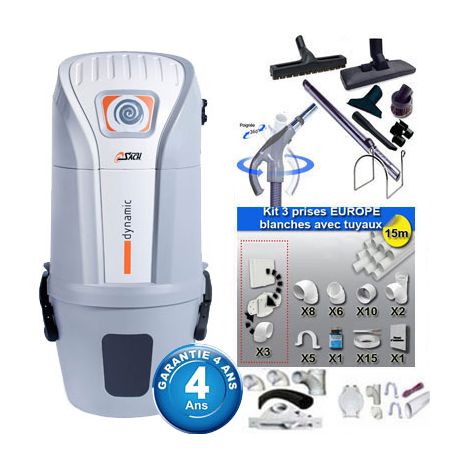 Aspiration centralisée SACH VAC Dynamic 1.8 kW garantie 4 ans (jusqu'à 300 M²) + Set inter 9 M + 8 accessoires + kit 3 prises + kit prise balai + kit prise garage