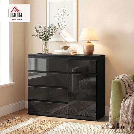 Buffet moderne, buffet de rangement avec 5 tiroirs, étagère réglable, porte à fermeture amortie, noir laqué brillant (1/5)