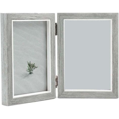 Cadre Photo Double 4X6 Pouces Bois Rustique Gris Articulé Cadeau Mariage Fête des Mères Pères