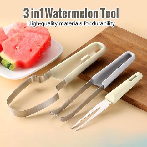 Cortador de sandía 3 en 1，Cortador de sandía de acero inoxidable，Molde para paletas de sandía，Tenedor de fruta portátil (1/4)