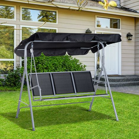 3-Sitzer-Gartenschaukel mit verstellbarem, abnehmbarem Sonnendach, atmungsaktivem Polyestersitz, Belastbarkeit 240 kg, 171 x 108 x 154 cm, Schwarz