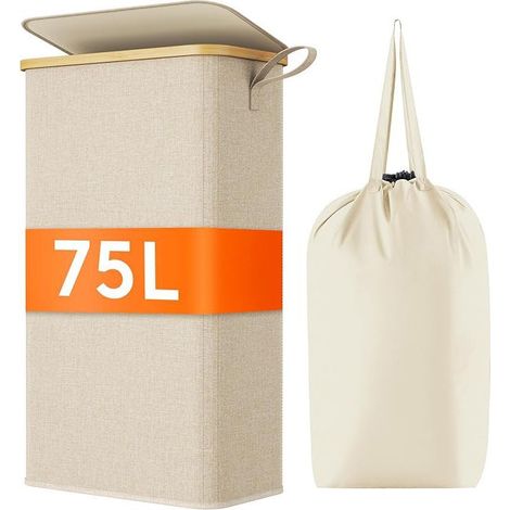 Panier Linge Extra Plat, Corbeille a Linge Bambou avec Sac Amovible et Poignée 75L (1/5)
