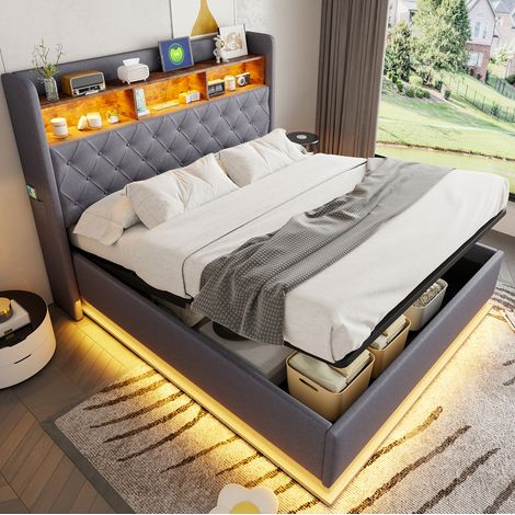 Lit coffre 160x200 LED USB en tissu gris OKMYHOME (1/5)