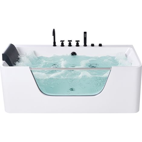 Bañera de hidromasaje acrílico con accesorios de acero inoxidable negro panel de vidrio 160 x 75 cm reposacabezas blanco Cahuita