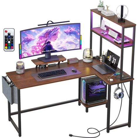 Bureau d'angle avec étagère de rangement et gestion des câbles – Dimensions 124 x 100 x 148 cm – Table d'Ordinateur – Montage Facile – Marron (1/5)