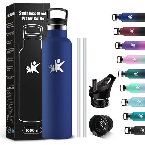 Gourde Isotherme 1L, Bouteille Isotherme Acier Inoxydable, Bouteille d'eau Étanche, sans BPA, Gourde Inox avec Paille, , Gourde pour Fitness, Randonnée, Camping, Cyclisme (1/5)