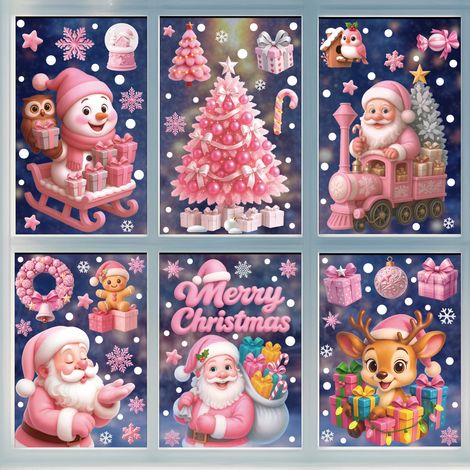 Autocollants décoratifs roses pour fenêtres, sapin de Noël, bonhomme de neige, autocollants pour fenêtres, cerf de Noël, flocons de neige, autocollants statiques