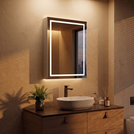 Mobiletto da bagno a parete 50 cm – Specchio rettangolare con illuminazione a LED – 2 ripiani in vetro – Legno bianco resistente all'umidità (1/5)