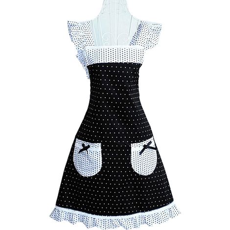 Tablier de cuisine rétro à pois pour femme, bretelles à volants rétro, ajustable, avec poches et nœud. (1/5)
