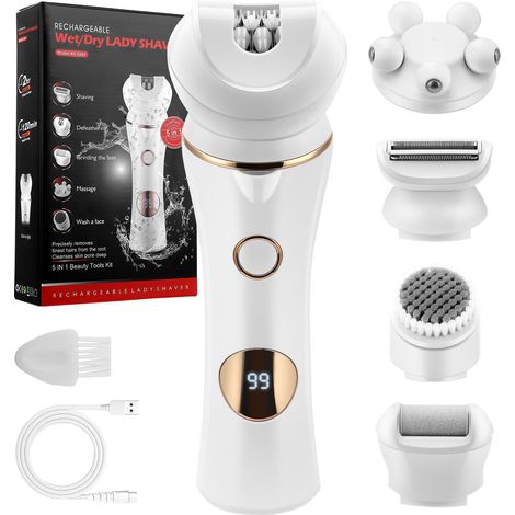 Épilateur 6 en 1 pour femme - Sans fil - Avec lumière LED - Humide et sec - Étanchéité IPX7 - Autonomie de la batterie : 90 minutes - Or