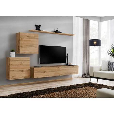 Ensemble mural - Switch V - 1 vitrine carrée - 1 banc TV - 1 étagère - Bois - Livraison gratuite
