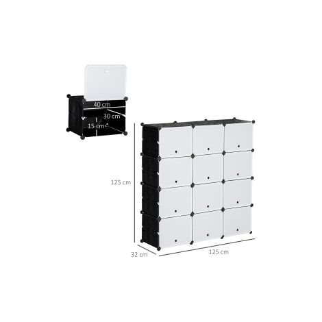 Meuble à chaussures noir et blanc en plastique et acier avec 12 cases modulables et portes, pour entrée, chambre et dressing (1/5)