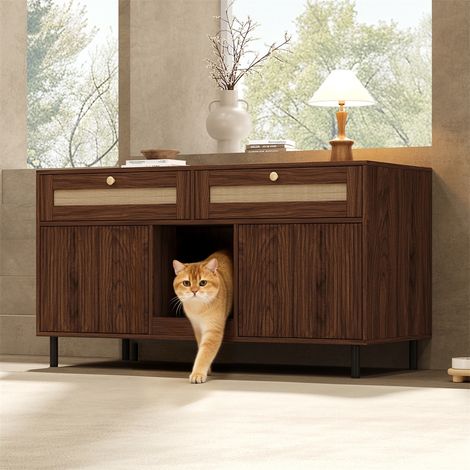 Meuble pour Maison de Toilette Chat - 120x50x65cm - Cache-Litière avec Tiroir en Rotin et Rangement - Sideboard Moderne Noyer (1/5)