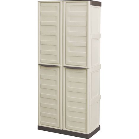 Dmora - Armadio da esterno Ipno, Armadio balcone multiuso, Mobile porta scope 2 ante, 100% Made in Italy, 70x47h178 cm, Beige e Marrone, Finitura righe (1/5)