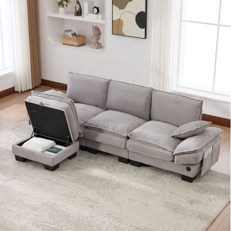 Divano modulare 3 posti in velluto a coste grigio chiaro con pouf, USB-C, 260 x 132 x 84 cm (1/5)