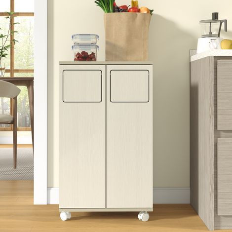 MODFU – Mueble de reciclaje de MDF blanco con 2 compartimentos, ruedas bloqueables y puertas a 180° – Blanco (1/4)