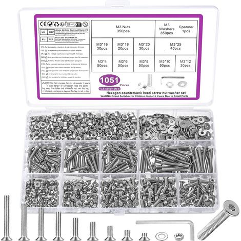 Lot de 1051 Vis M3 - Acier Carbone Nickelé - Tête Fraisée Six Pans - Kit Fixation Complet - Électronique et Mécanique - Argenté (1/5)