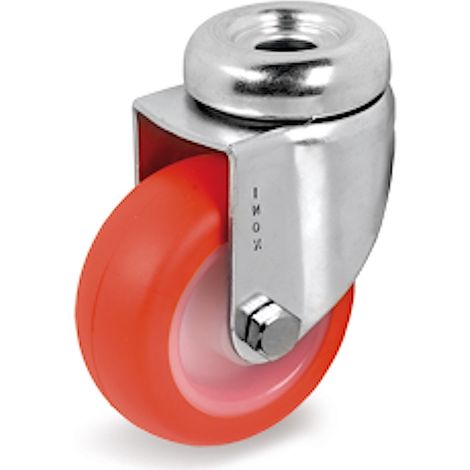 Roulette à oeil INOX pivotante diamètre 60 mm roue polyuréthane rouge - 70 Kg (1/2)