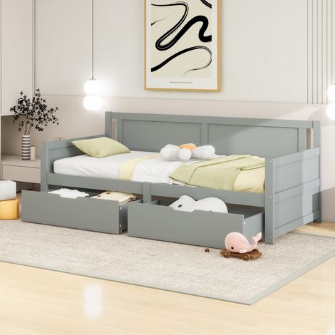 Canapé-lit en bois gris 90x200 cm avec 2 tiroirs de rangement, sommier à lattes inclus (1/5)