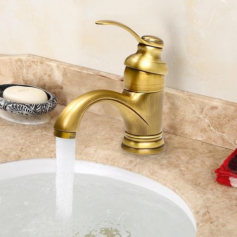 14cm Höhe Retro Waschtischarmatur Waschbecken Bad aus Messing, Wassersparend Waschbecken Armaturen mit ABS-Gittersprudler, Kaltwasser Warmwasser Einhand-Mischbatterie für Badezimmer (Antikes Messing)