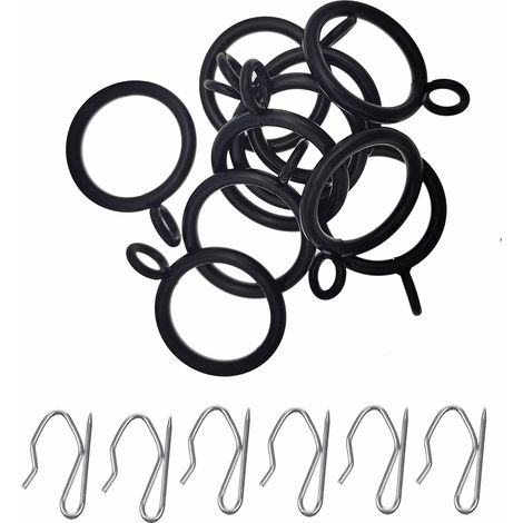 20 pièces 25 MM Anneau de Rideau en métal Noir avec oeillet et 20 pièces Crochets de draperie en métal pour Rideau à Plis Crayon