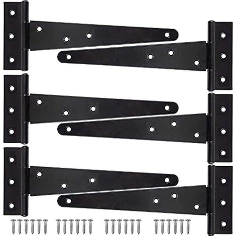 6-teiliges T-Scharnier-Set, 25 cm, robustes Eisen, Gartentorscharniere, rostfreie T-Scharniere für Schuppen- und Scheunentüren - mit 42 Schrauben (Schwarz) (1/5)