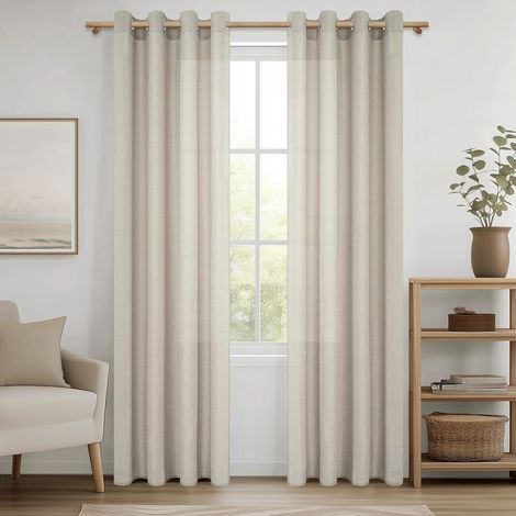 Rideau Voilage Beige 140x240cm en Lin Semi-Transparent pour Fenetre Salon Moderne Lot de 2 Panneaux de Rideaux Voilages Intérieurs à Oeillets Rideau Voile Chambre Adulte Baie Vitrée (1/5)