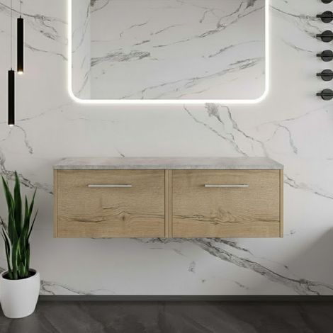 Hudson Reed Juno Wall Hung 2-Drawer Vanity Unit with Bellato Grey Worktop 1200mm Wide - Autumn Oak (1/4)