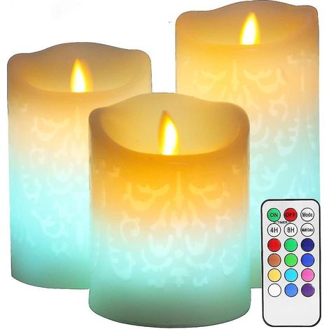 Bougie LED changeante de couleur avec gravures décoratives - Cire réelle, flamme vacillante, mèche mobile, sans flamme, télécommande et minuterie (1/5)
