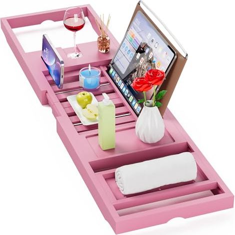 Faltbares Badewannentablett, ausziehbares Badewannentablett, einzigartige Geschenke für Paare zum Einzug, neuen Zuhause, Jahrestag und zur Hochzeit, rosa