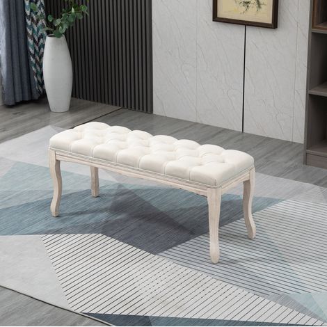 Banc rembourré beige 110x40x48 cm en bois et tissu aspect lin, style capitonné (1/5)