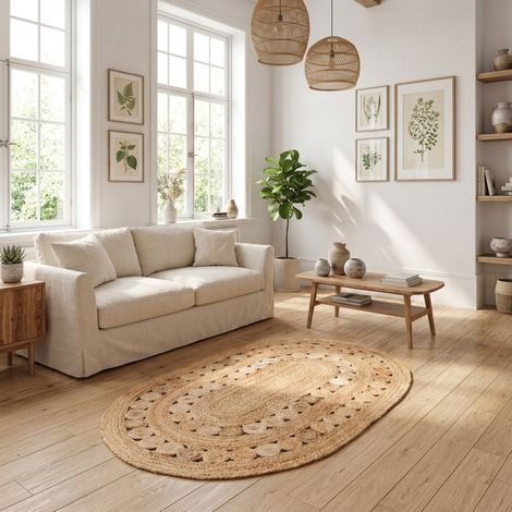 Tapis en jute Tapis Darcia - Tapis en laine  - 160x90cm, Oval - 100% Jute - Tissé main - Naturel