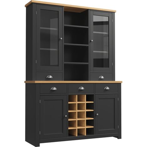 Hochschrank en MDF, métal et verre avec porte en verre, tiroirs et étagère amovible pour vin, noir, 120 x 40 x 185 cm (1/5)