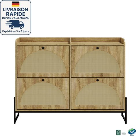 MODFU - Zapatero de 4 puertas, mueble de entrada para salón, patas de metal, 121×25×91 cm, color natural (1/5)