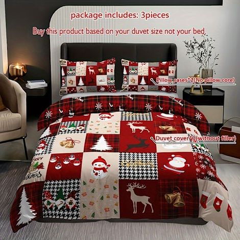 Parure de lit unie et à carreaux de Noël - Comprend 1 housse de couette et 2 taies d'oreiller, polyester respirant, lavable en machine[NX] (1/5)