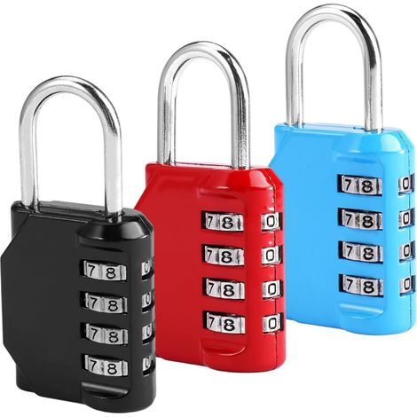 Set mit 3 Zahlenschlössern, 4-stellige Zahlenschlösser, Schließfachschlösser, Zinklegierung, wasserdicht, rostfrei, für Schrank, Fitnessstudio, Garage, Werkzeugkasten (Schwarz, Rot, Blau)