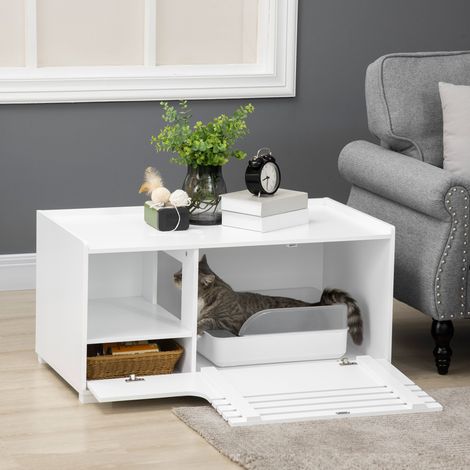Meuble pour chat à 2 étagères, design 2 en 1, porte magnétique, blanc (1/5)
