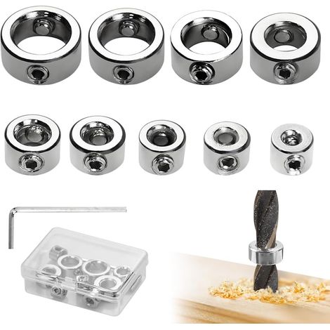 9 PCS Butée de Profondeur de Foret 3-12mm avec Clé Hexagonale, Butée de Profondeur de Perçage Anneau Positionneur en Acier Bague d'Arrêt pour Installation de la Goupille Perçage Précis(Argent) (1/5)