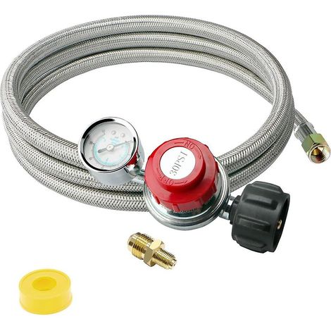 Régulateur de propane haute pression réglable 0-30 PSI de 5 pieds avec manomètre et indicateur de débit de gaz, raccord évasé 3/8 x 1/8 MNPT. (1/4)
