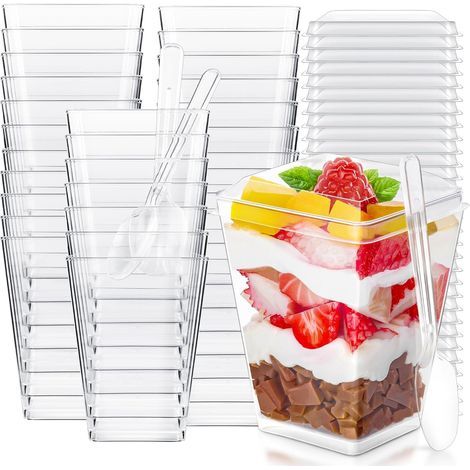 Tasse à Dessert - 40 pièces, Tasse à Dessert 5OZ/160ML Transparente + Couvercle/Cuillère - Carrée, Pour Pudding/Fête (1/5)